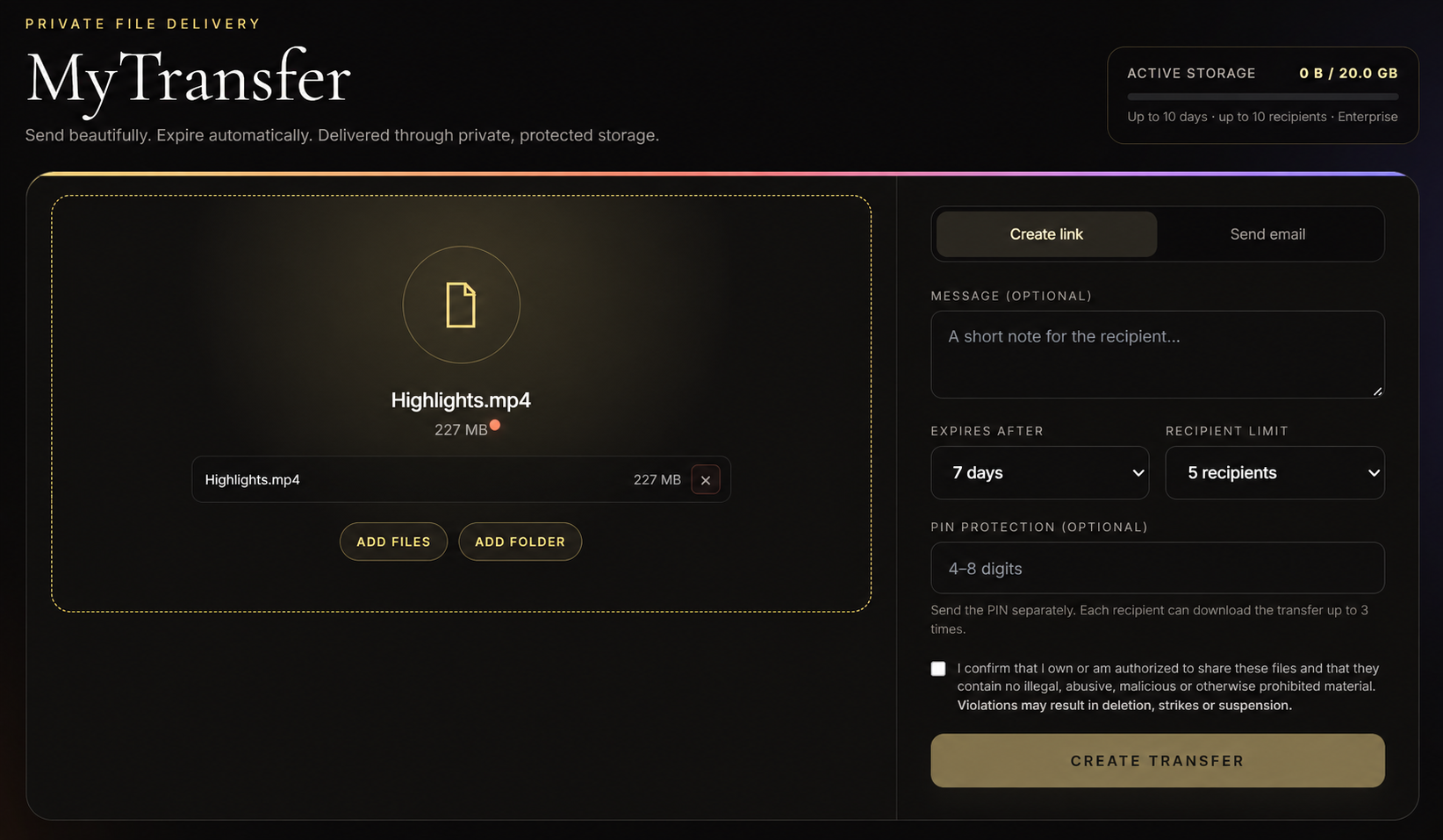 Seenema MyTransfer private file and folder delivery interface