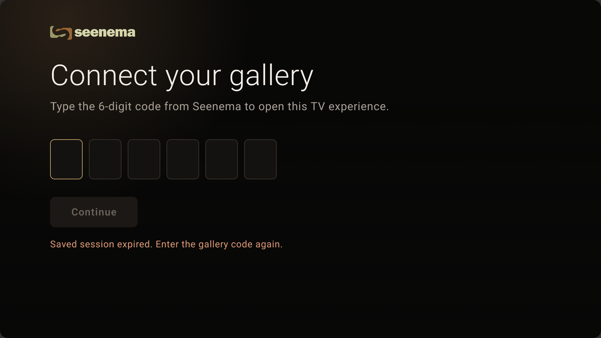 Seenema TV six-digit gallery connection screen on Android TV